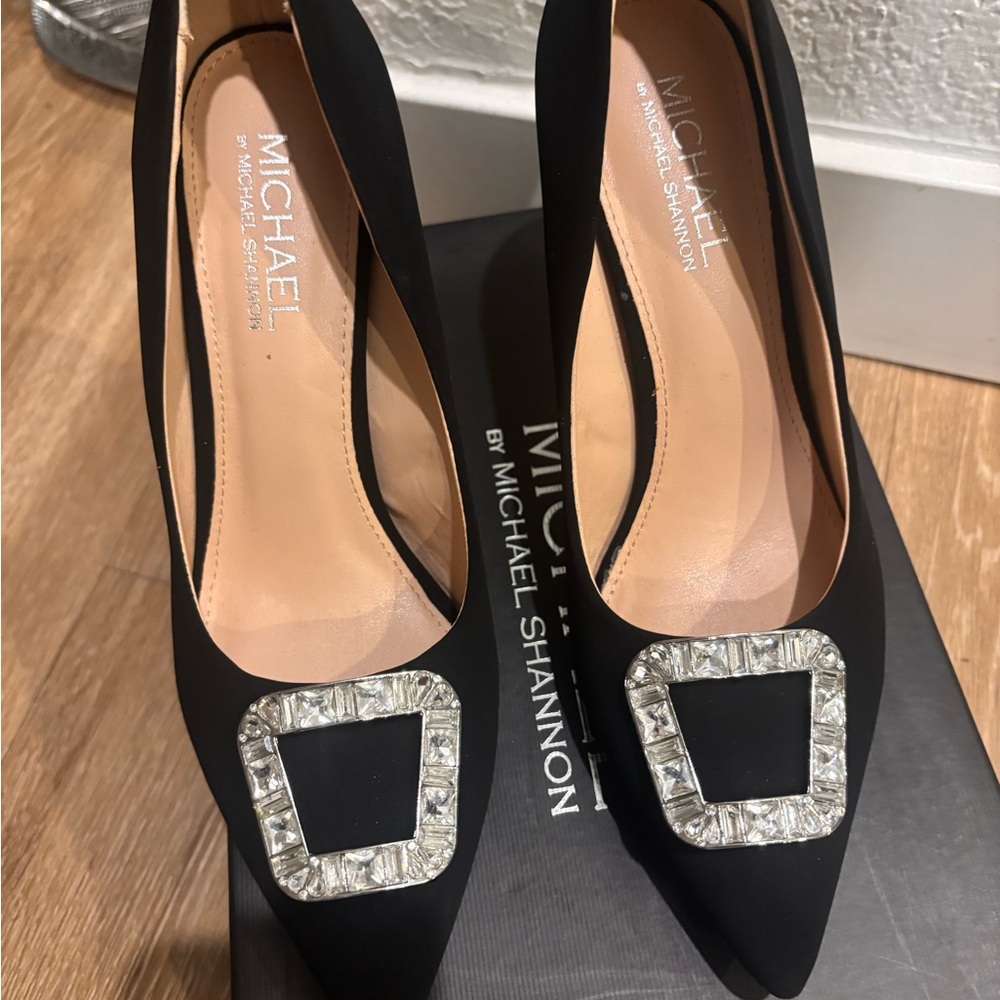 Michael Shannon Black Heels with Crystal Buckle